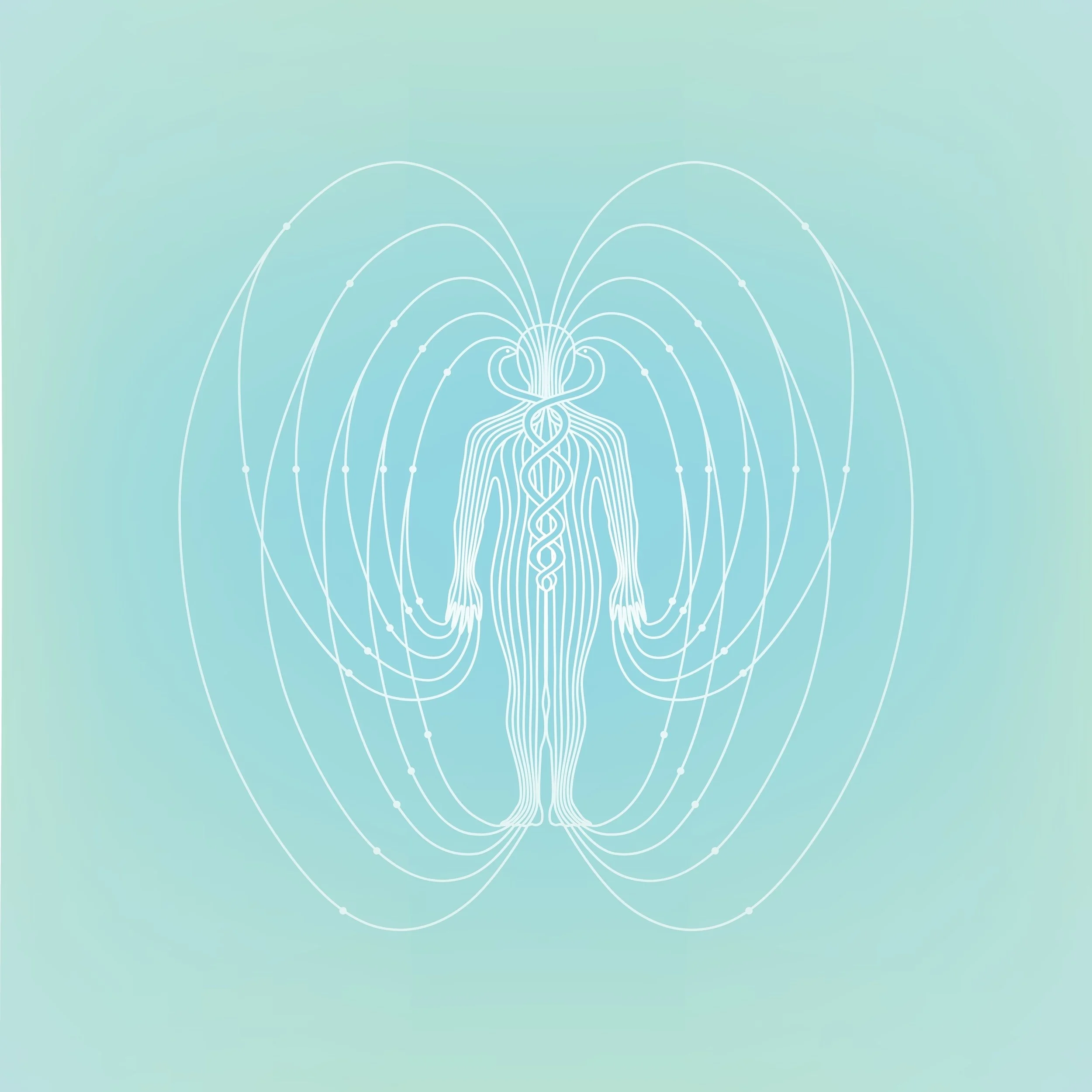 Grafische Darstellung eines menschlichen Körpers mit energetischen Linien und Feldern, die den Energiekörper und das Chakrasystem darstellen.