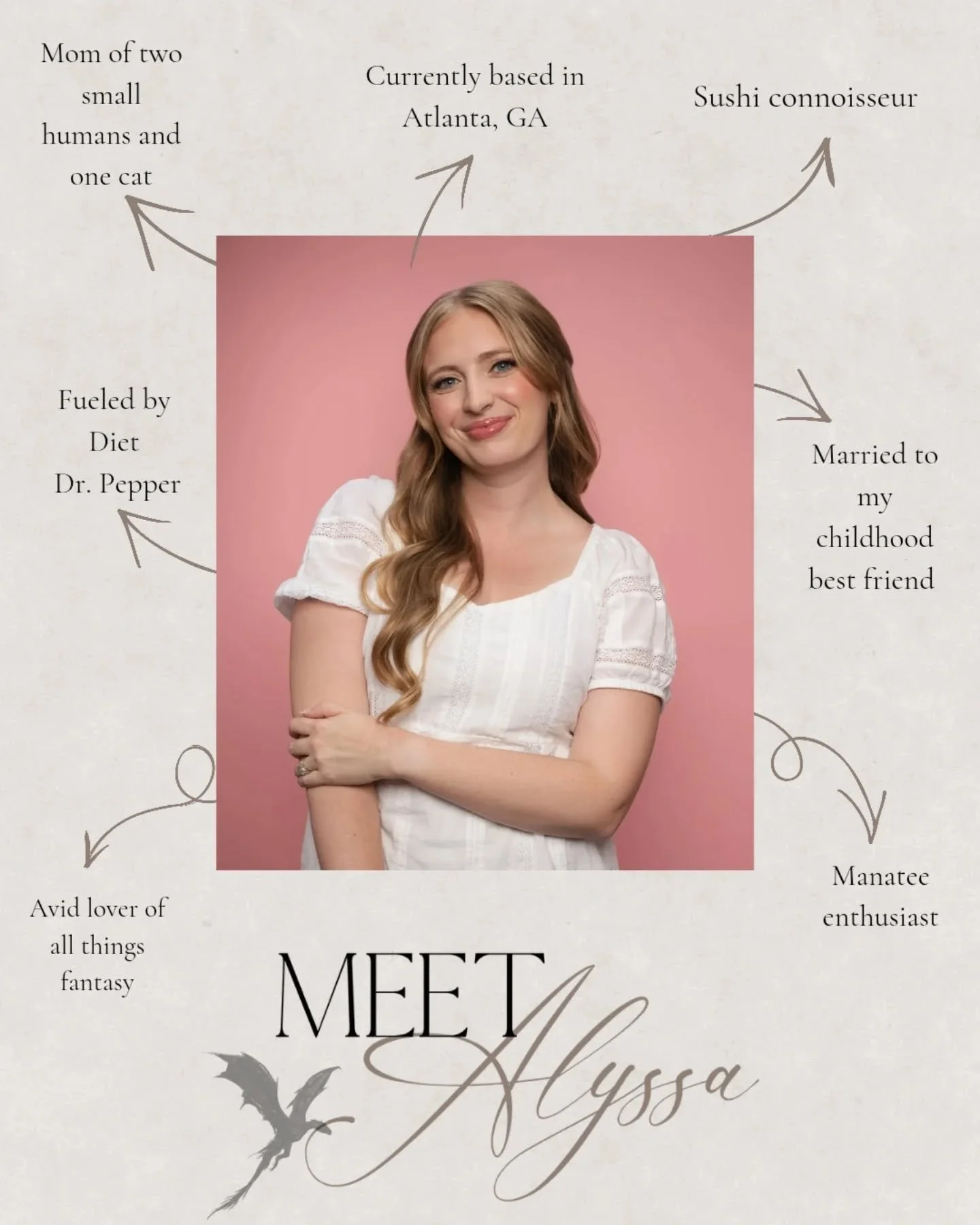 There are a lot of new faces around here, so I thought it was well past time for a reintroduction!

Hi, I'm Alyssa! I am obsessed with all things fantasy, and love writing books infused with magic, adventure, AND kissing ❤️ 

A few other fun facts I 