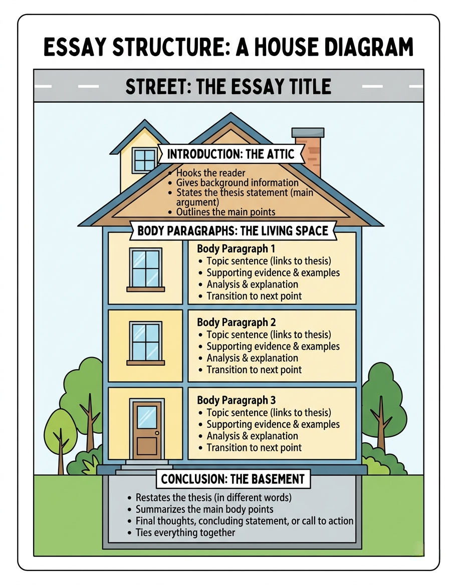 A free downloadable Essay Structure Diagram of a house. Free homeschool resource for literature and writing.
