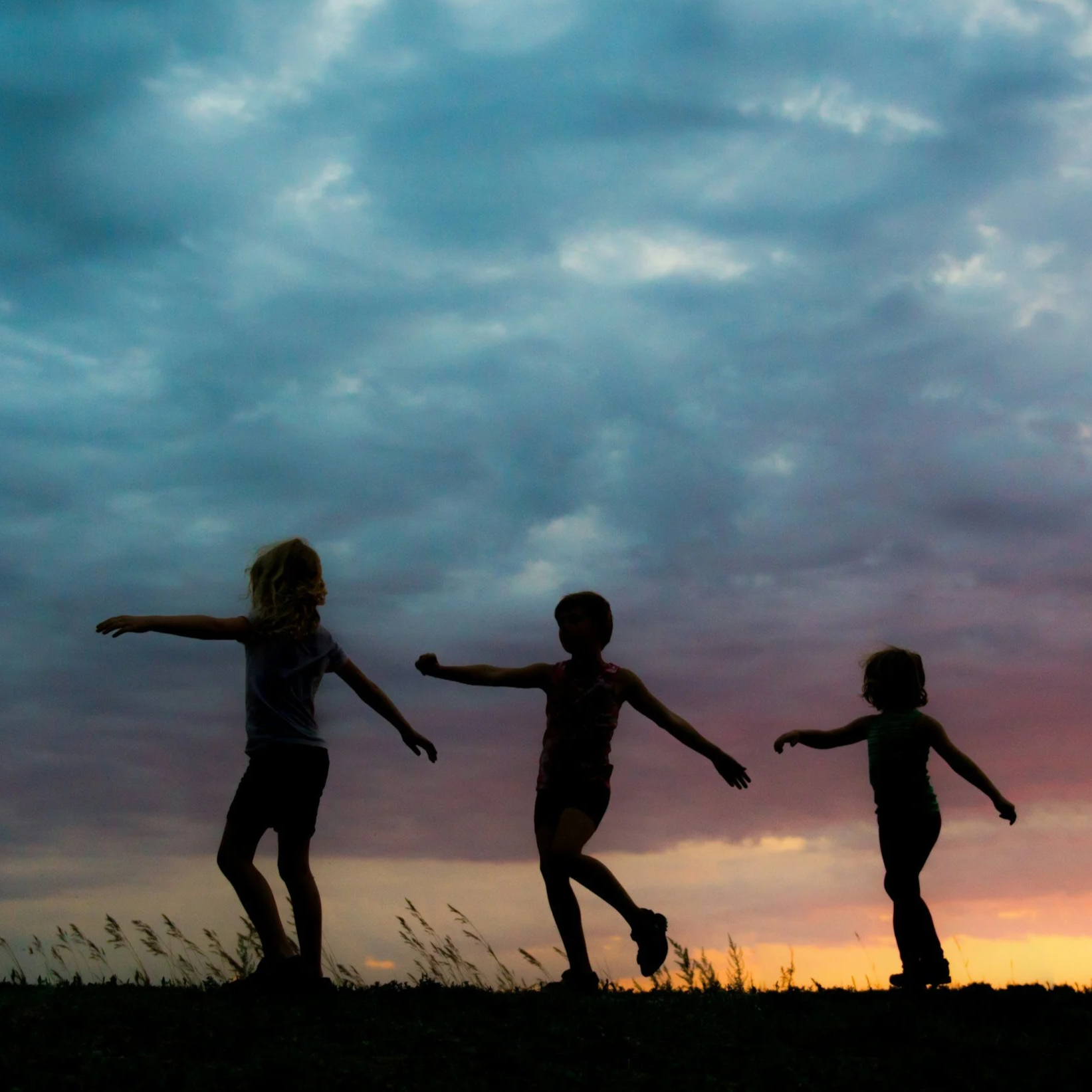 Silhouettes of three children playing outdoors at sunset or dusk, with a cloudy sky in the background.
