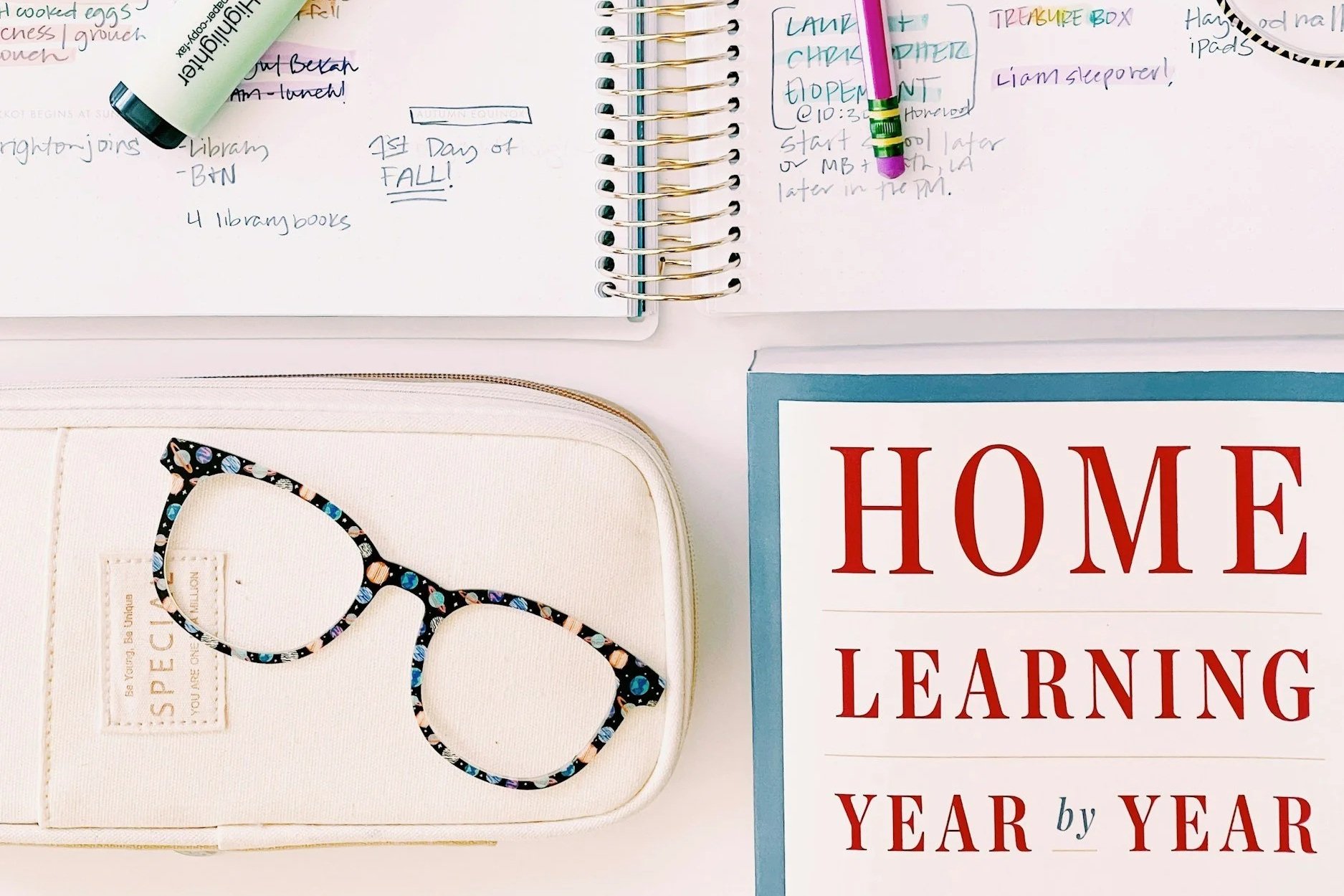 Home Learning book and glasses. Homeschool learning activities by subject for K-12 students and parents. Teaching tips.