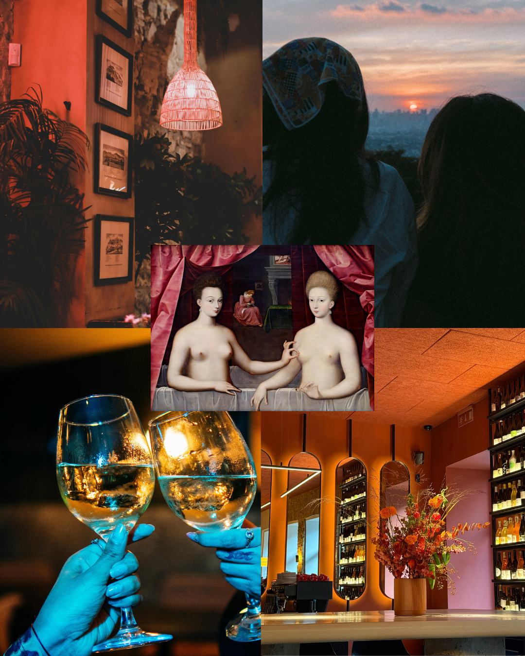 A collage of five scenes: interior of a warmly lit restaurant or bar with framed pictures on the wall and plants; two women, one wearing a patterned headscarf, watching a sunset; a classical painting of two semi-nude women with historical attire in a