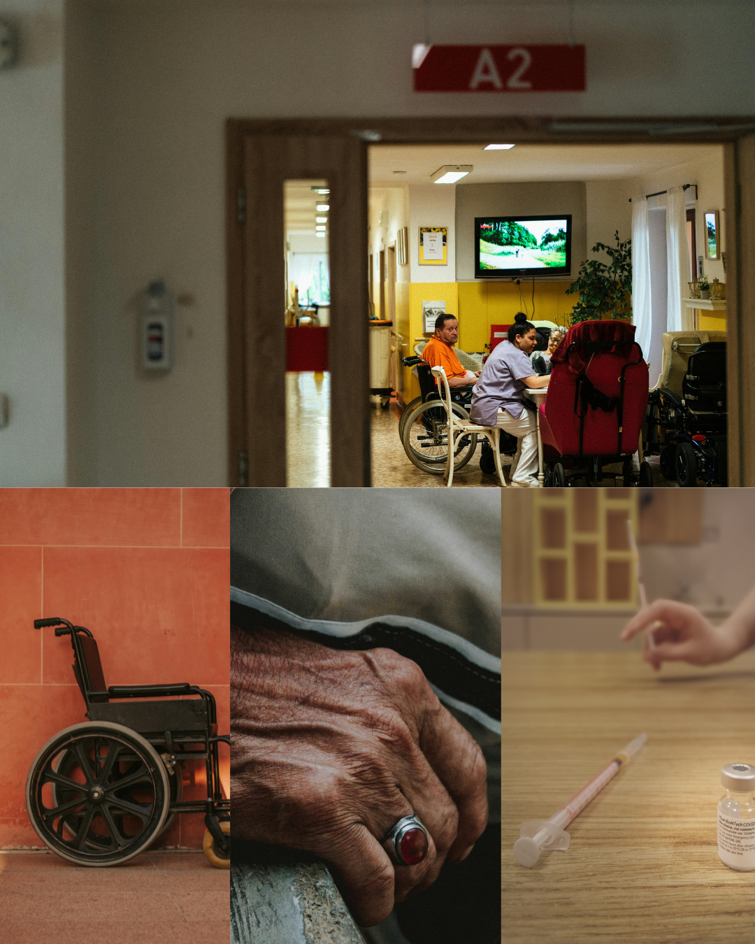 A collage showing scenes from a care facility: the top image depicts two staff members attending to patients in a common area, with one in a wheelchair. The bottom images include an empty wheelchair against a red wall, a close-up of an elderly person