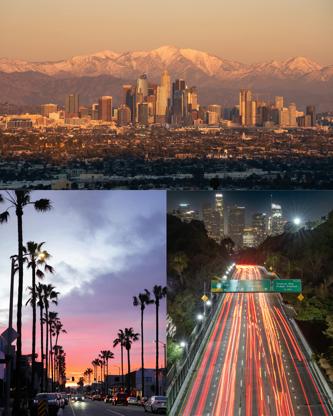 A panoramic view of Los Angeles skyline with snow-capped mountains in the background, palm-lined street at sunset, and a busy highway at night with light trails from moving vehicles.