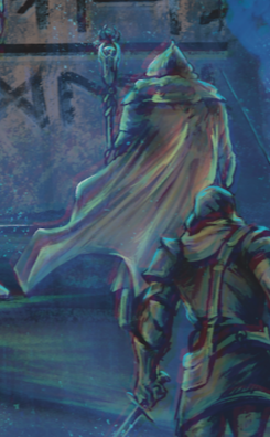 A person dressed in a heavy coat and hood, walking on a snowy or icy street at night, with a large figure in the background wearing a hooded cloak and holding a staff, illuminated by blue and purple tones.