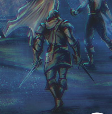 Silhouetted figures walking through a icy landscape at night, with one figure carrying a sword.