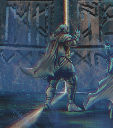 A person dressed in medieval or fantasy armor, with a cape, holding a sword, standing in a foggy, mysterious forest or enchanted area.