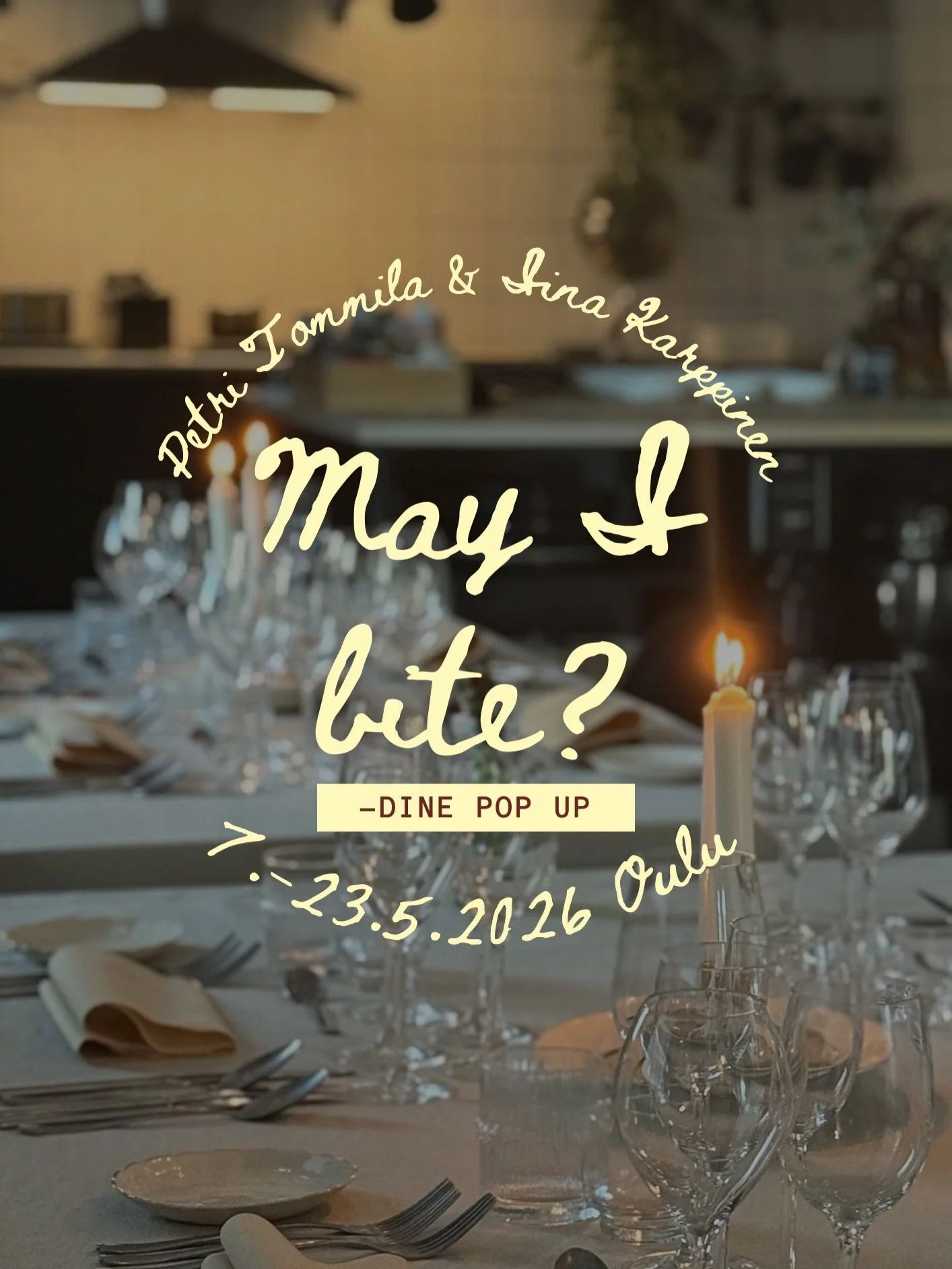 Mainos oma pop up ✨
Oulussa katetaan p&ouml;yt&auml; j&auml;lleen 7.-23.5., kun Petri Tommila (@cateredbypetritommila ) ja Iina Karppinen (@skarppiina_ ) loihtii jotain unohtumatonta. 🍷

Luvassa on 7 ruokalajin yll&auml;tysmenu, t&auml;ynn&auml; kau