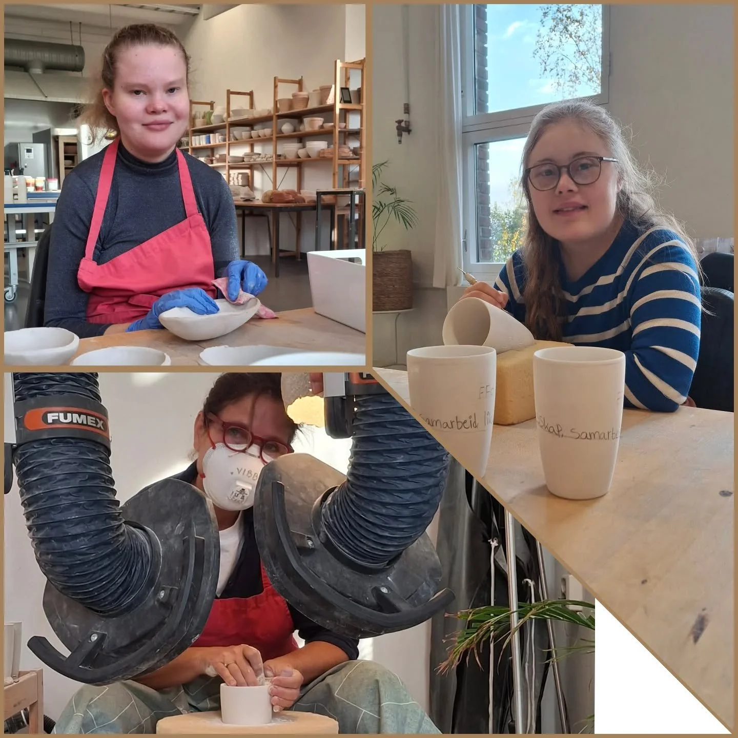 Fredag p&aring; keramikken og hele verkstedet er i full fres. Det jobbes med en kjempestor koppebestilling og her ser dere arbeidsleder Vibeke som pusser r&aring; porselenskopper mens Saga skriver og riper teksten som er bestillt. Sk&aring;lene v&ari