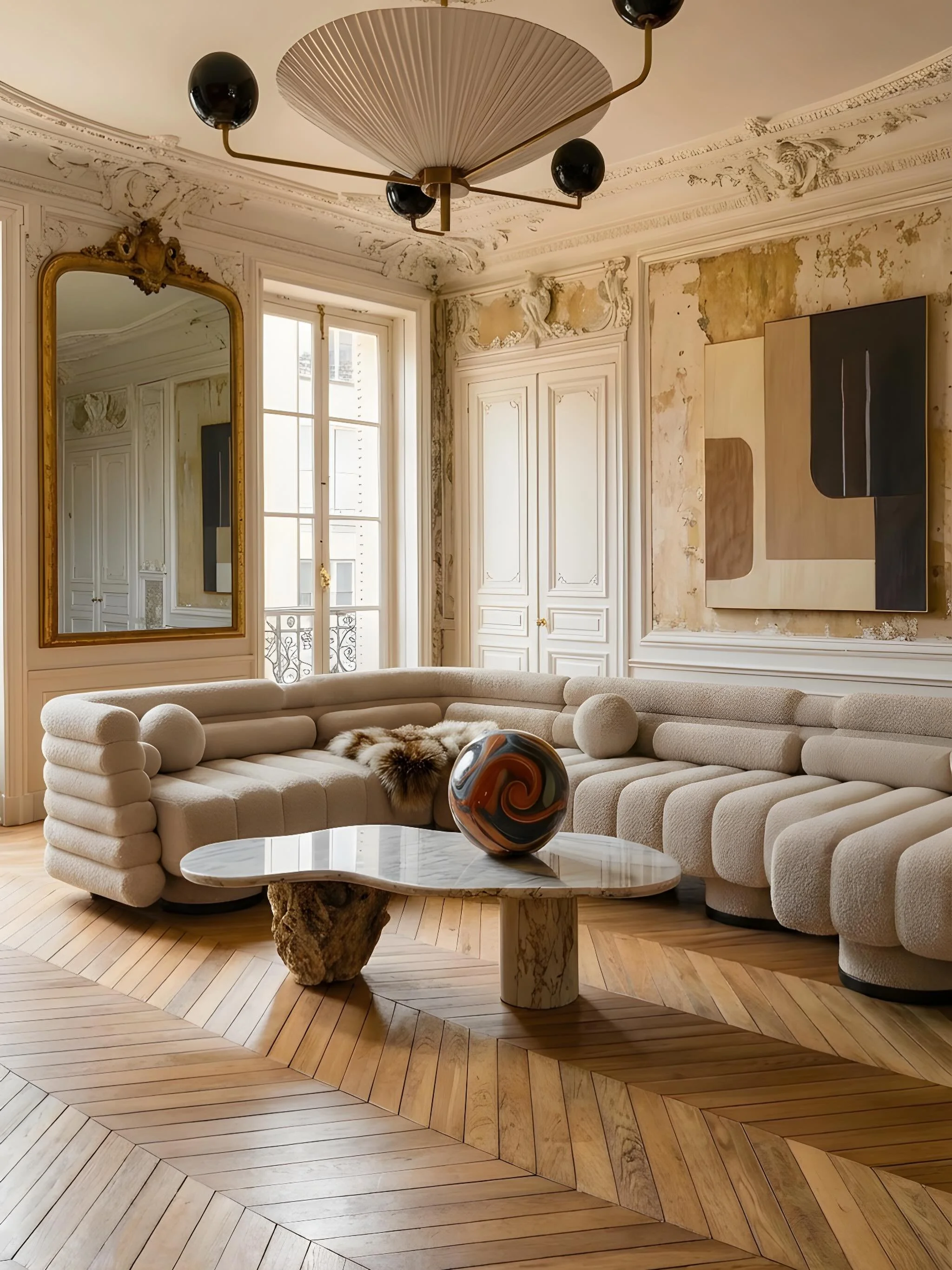 Soft forms for a sculptural living room.

For this shoot in a Parisian apartment, we highlighted the Etna couches with their bold curved lines echoing the repetitition of the round shape in the room. Their textured finish and modular composition brin