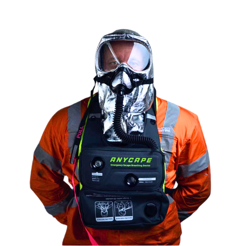 Person wearing a protective breathing apparatus and orange reflective clothing.