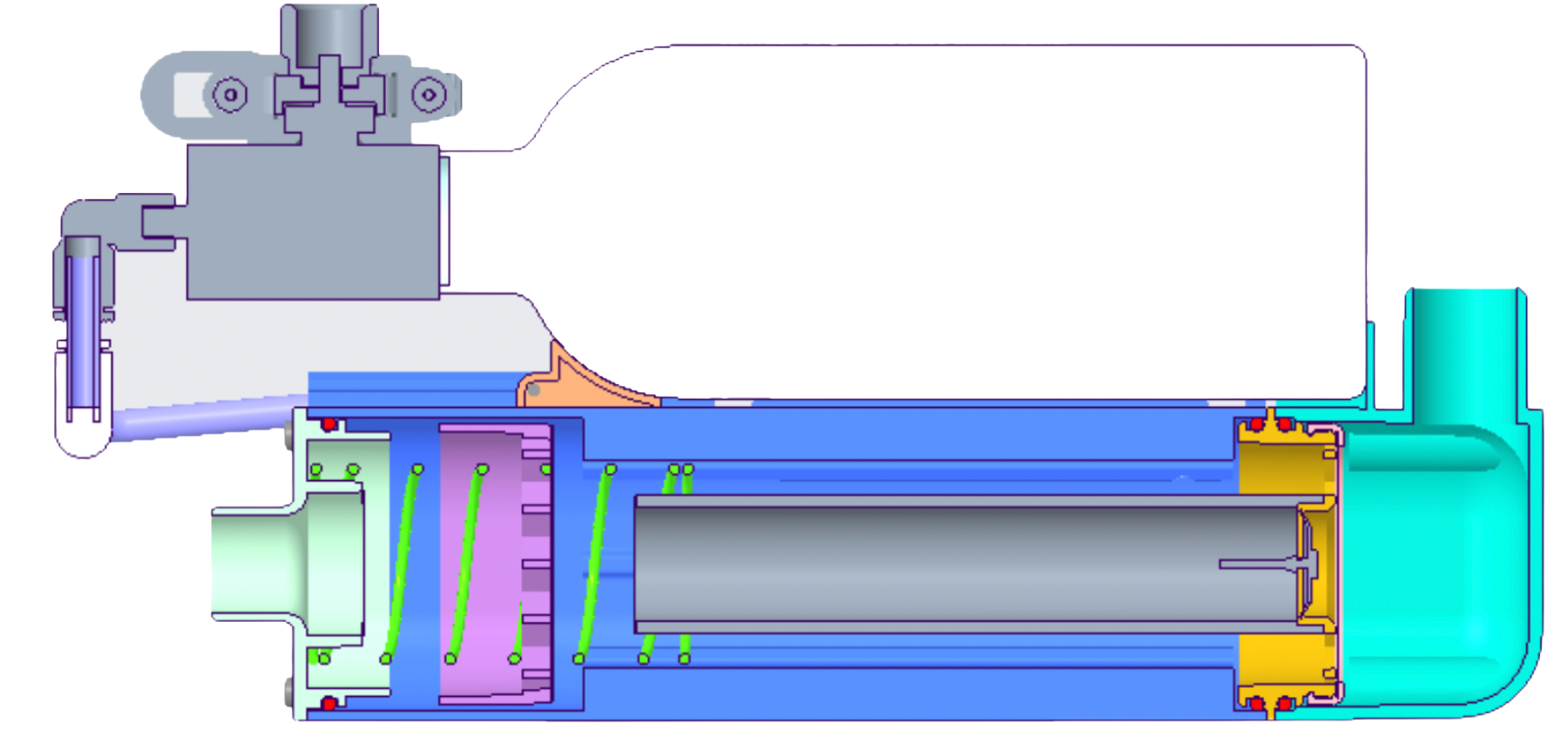 Cross-sectional diagram of a mechanical component or device, showcasing internal parts and assemblies with various colors indicating different parts.