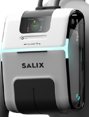 Futuristic portable electronic device with digital display and "Salix" branding on a white and black case by Anyworks.