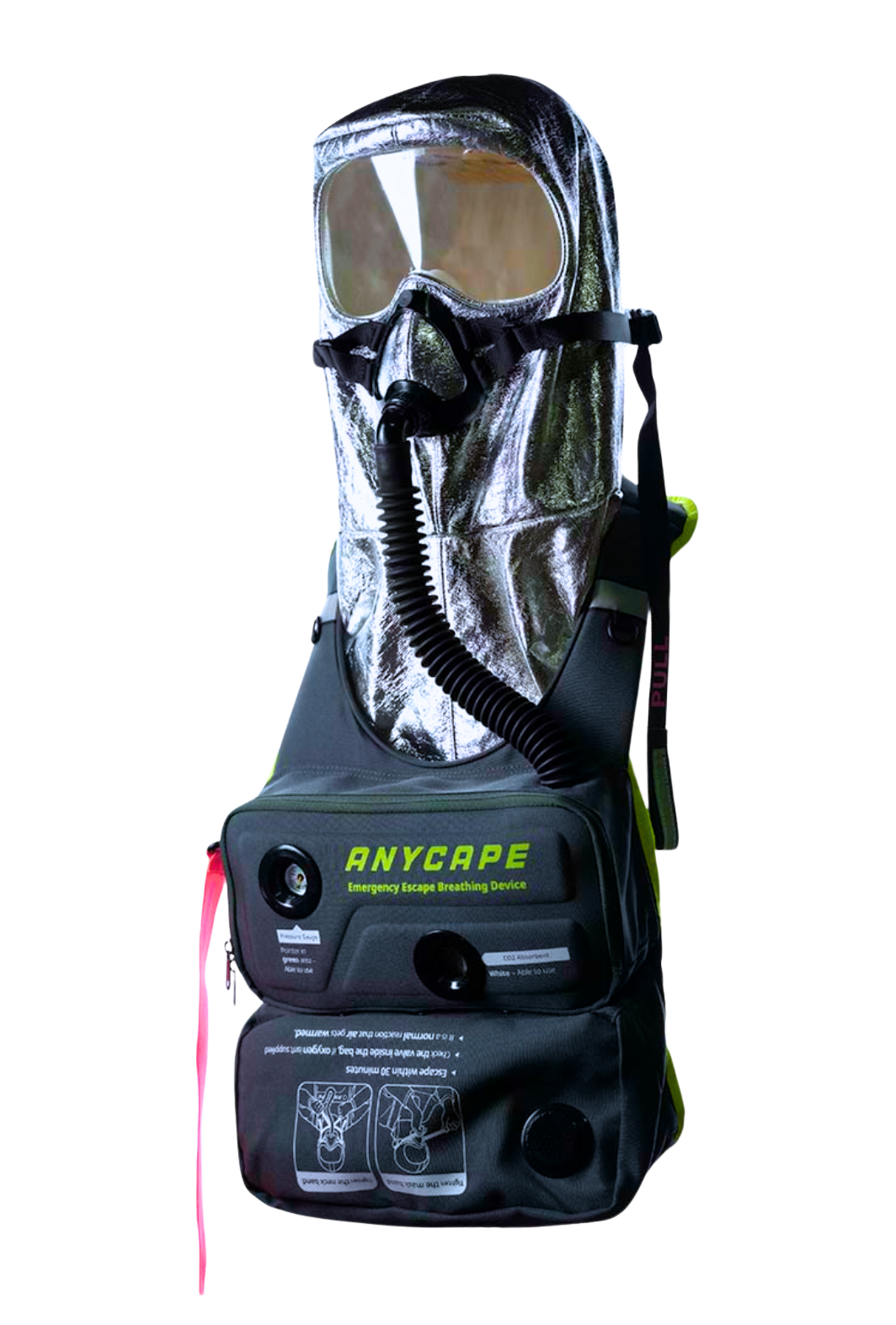 Emergency escape breathing device with a silver protective hood and a clear visor, labeled "ANYCAPE."