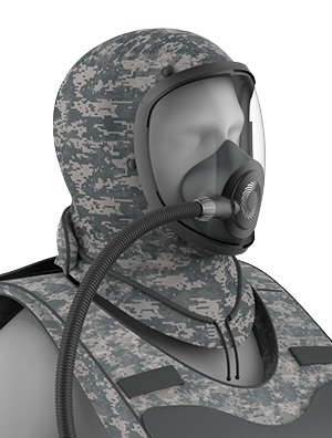 Mannequin wearing military-style camouflage protective gear including a gas mask with a hose, a hood, and a protective vest.
