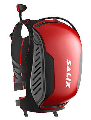 Sleek red and black ergonomic backpack with a curved design and the brand "Salix" printed on the side.