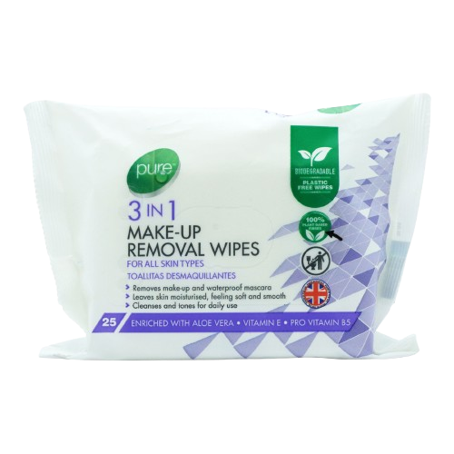 PURE 3IN1 WIPES MAKE UP REMOVAL 25'S
