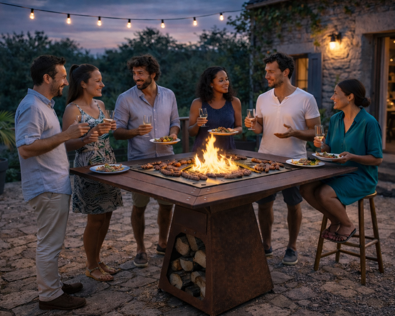 Groupe de sept personnes devant un feu de camp, partageant un repas en soirée sur une terrasse, avec des couvertures de nourriture et des boissons, ambiance chaleureuse et conviviale.
