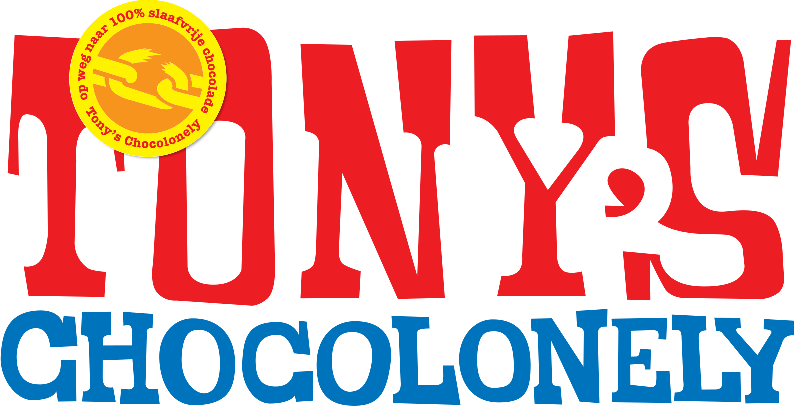 The image features a colorful logo promoting Tony's Chocolonely, with large red, white, and blue text spelling out 'THANK YOU'S CHOCOLONEY.' There is also a yellow circular badge that states 'op we naar 100% slaafvrije chocolade' and 'Tony's Chocolonely's' around the edge, with a graphic of chocolate being poured.