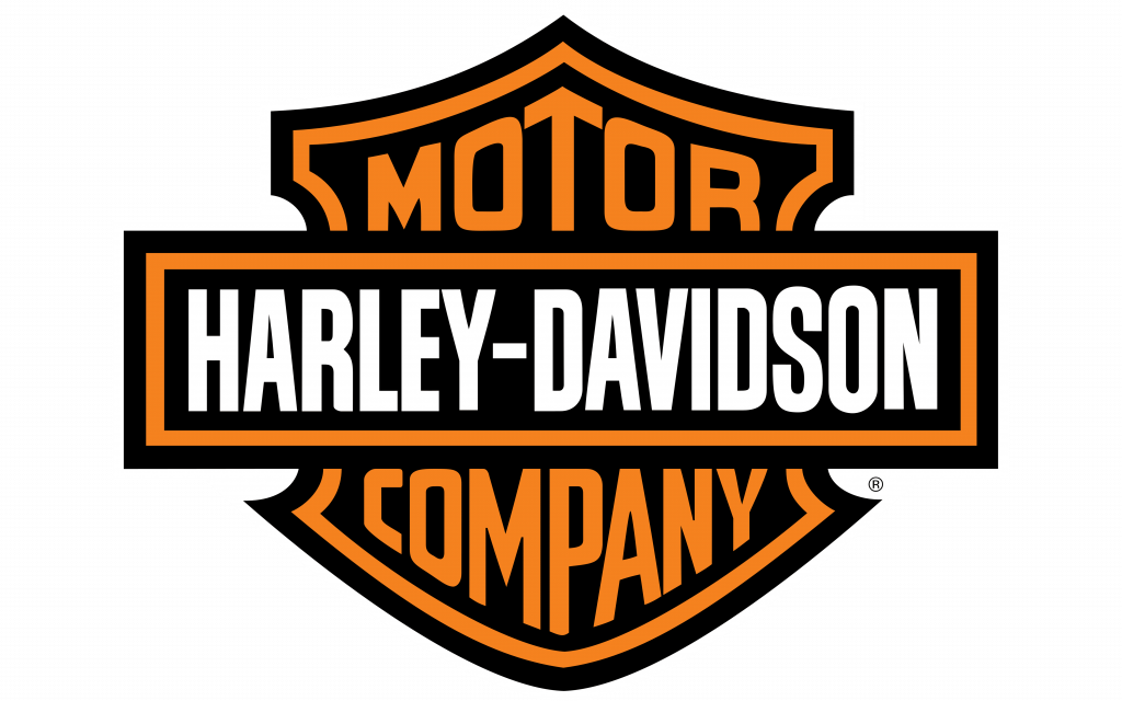 Harley-Davidson logo with black background, featuring orange and white text and design elements.