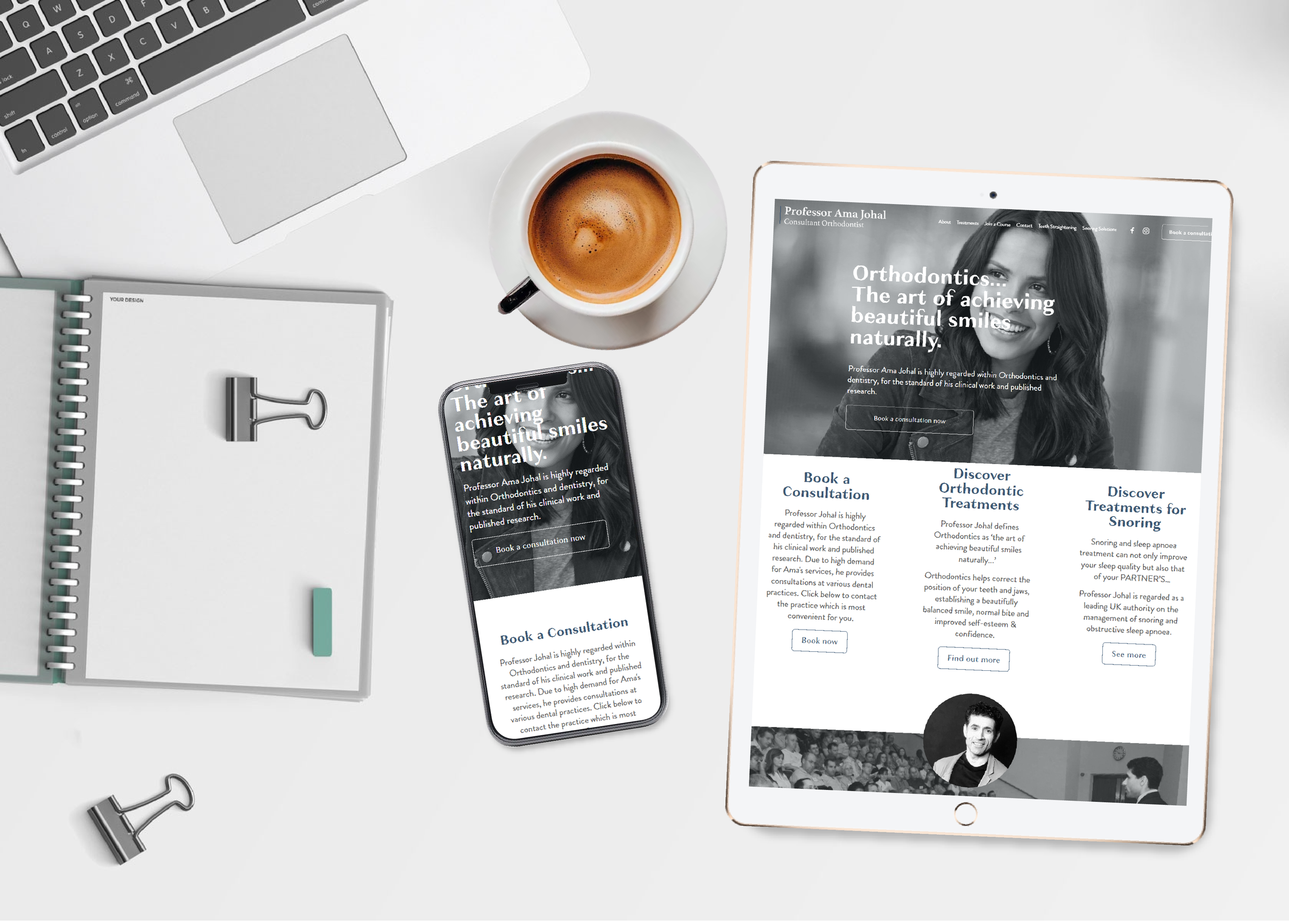 A flat lay featuring a laptop, a smartphone, an espresso cup, an open notebook, and a tablet displaying a website about orthodontics titled 'The art of achieving beautiful smiles naturally.' The site offers options for booking a consultation, discove