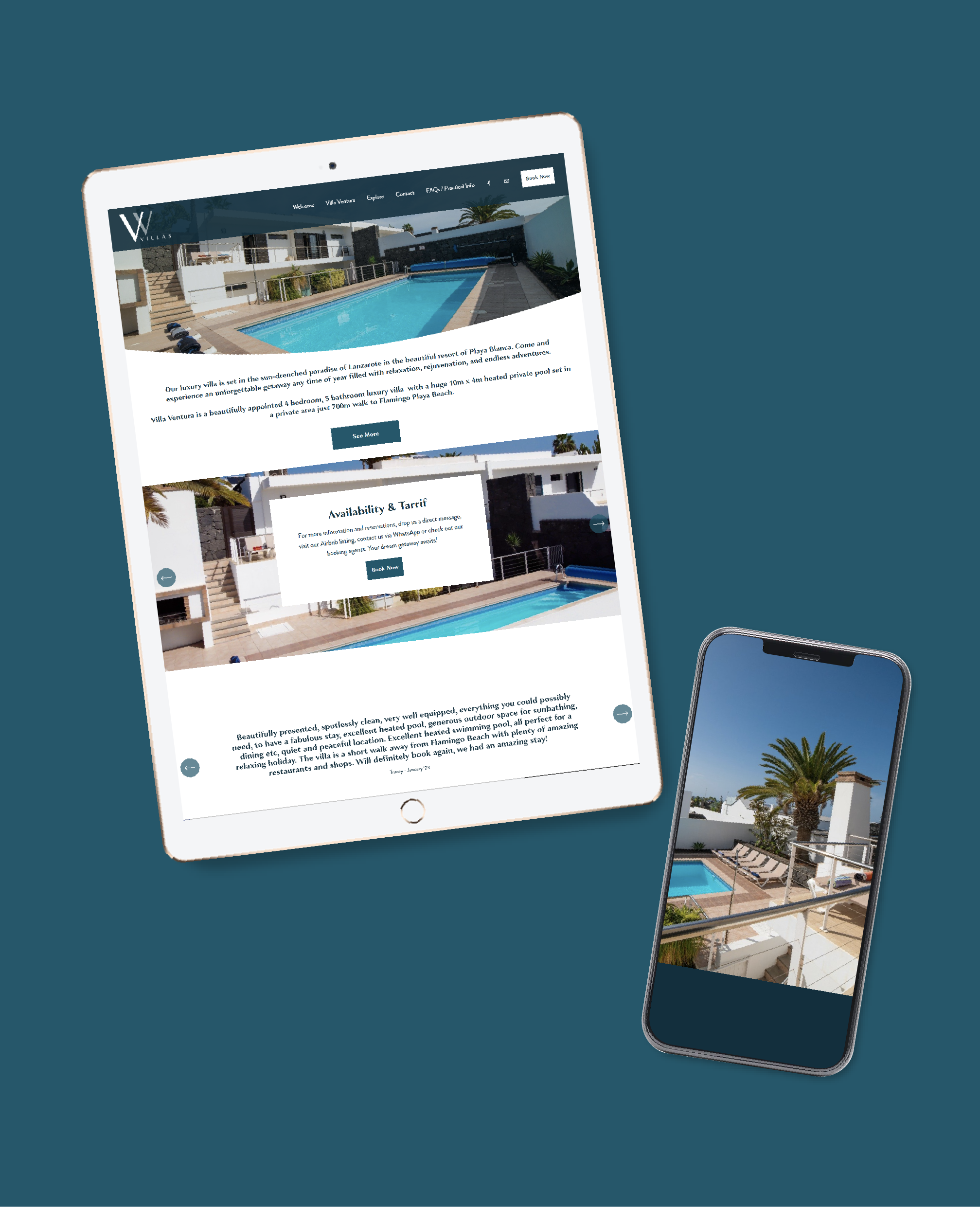 Tablet and smartphone displaying a vacation villa website with pool images.