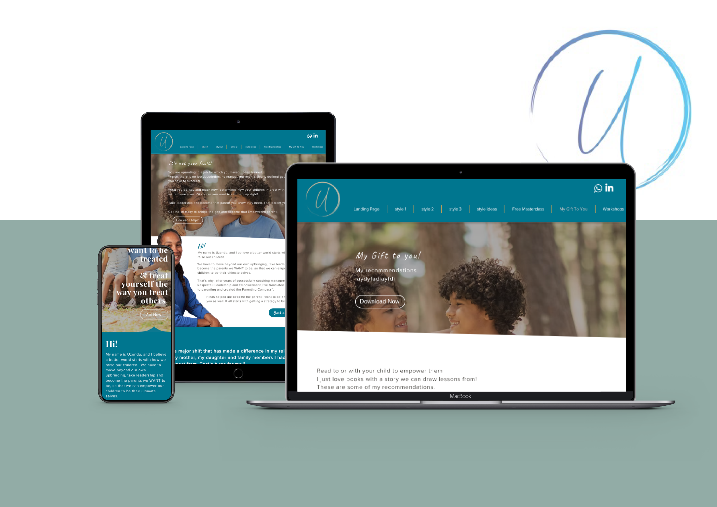 Mockup showing responsive website design on laptop, tablet, and smartphone screens with a logo in the background. The design features a blue theme with text and images of people, menu options, and call-to-action buttons.