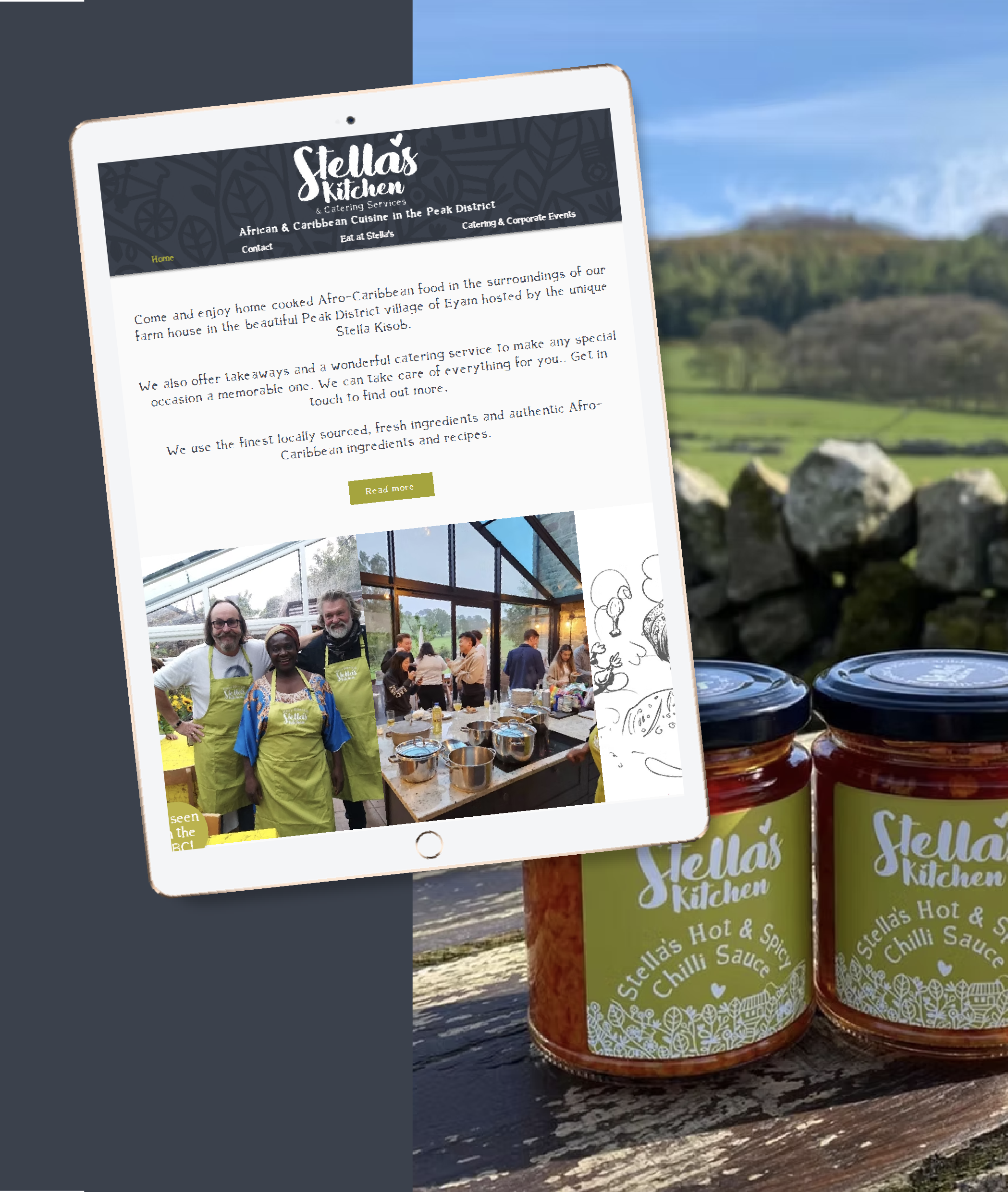 Tablet displaying website of Stella's Kitchen, an Afro-Caribbean catering service. Below are two jars of Stella's Hot & Spicy Chilli Sauce on a wooden surface.