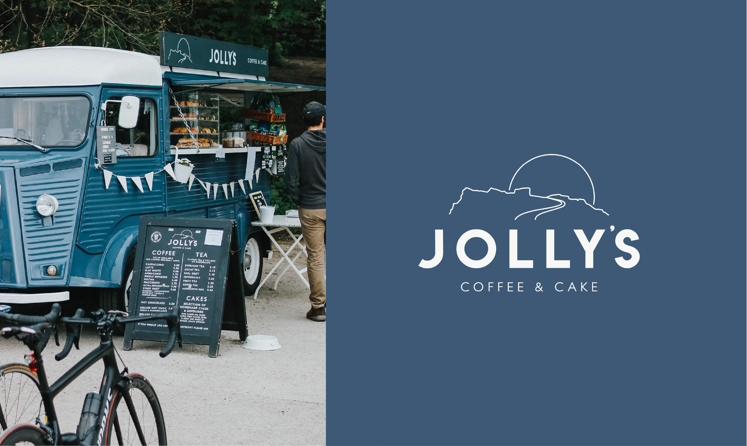 Vintage food truck, labeled 'Jolly's Coffee & Cake,' parked outdoors, with a bicycle in the foreground and a menu board displaying coffee, tea, and cake options. A person is standing at the counter, and a logo and branding are visible on a blue backg