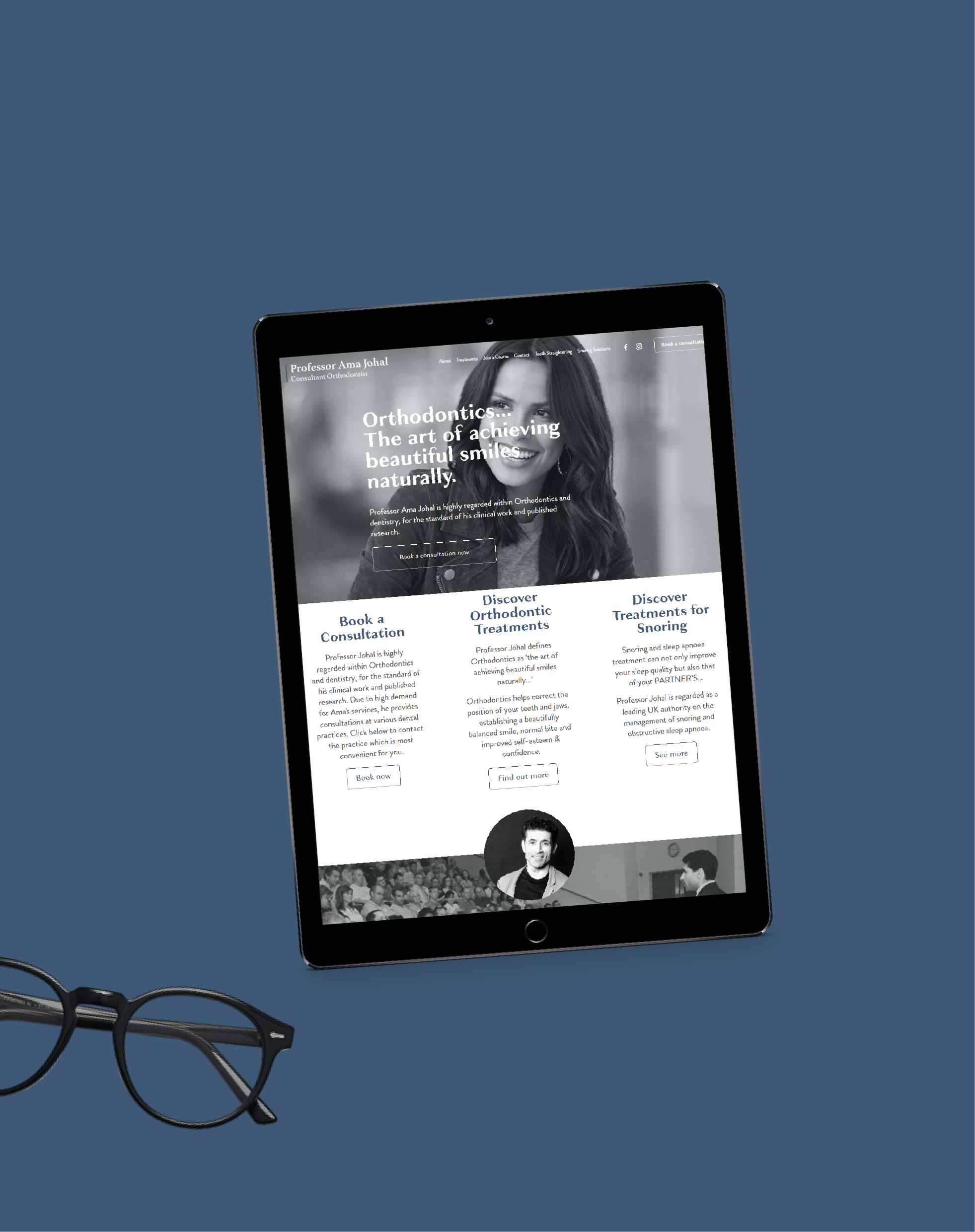 Tablet displaying a webpage titled 'Orthodontics: The art of achieving beautiful smiles naturally' with a photo of a smiling woman in grayscale. The page includes options to book a consultation, discover orthodontic treatments, and find treatments fo