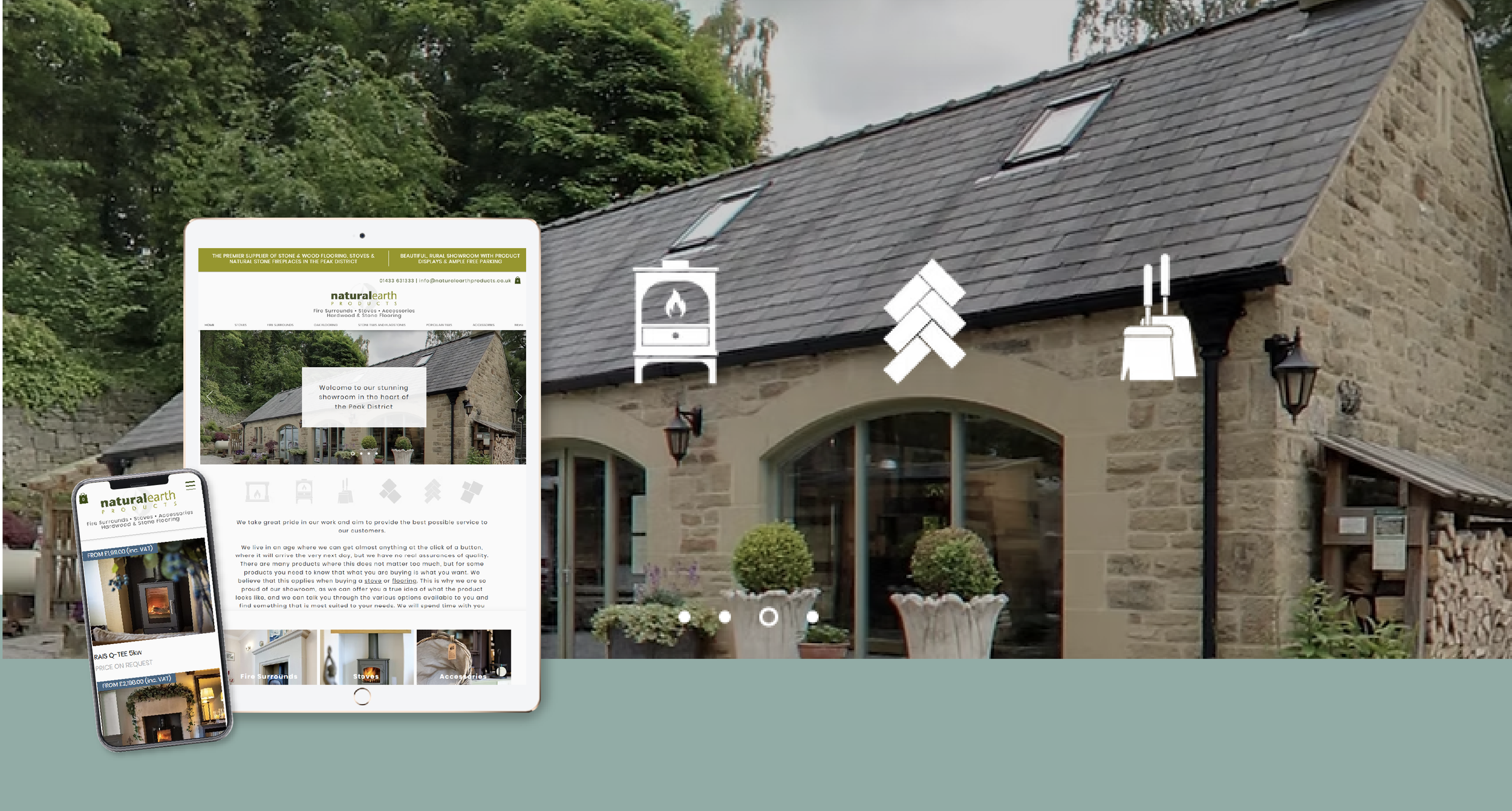 Stone building with skylights, marketing website on tablet and phone, icons for stove, flooring, and accessories. Lush greenery in background.
