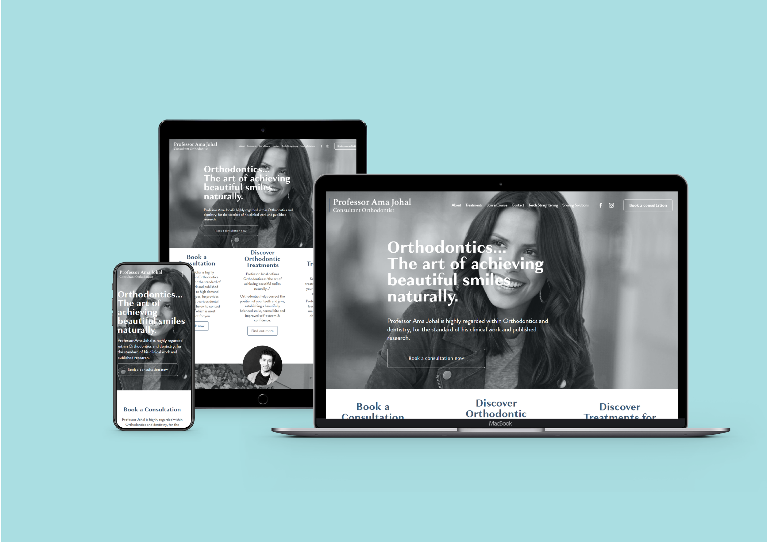 A digital display featuring a website layout for an orthodontics service, shown on a smartphone, tablet, and laptop. The website promotes the art of achieving beautiful smiles naturally, with consultation booking and treatment discovery options.