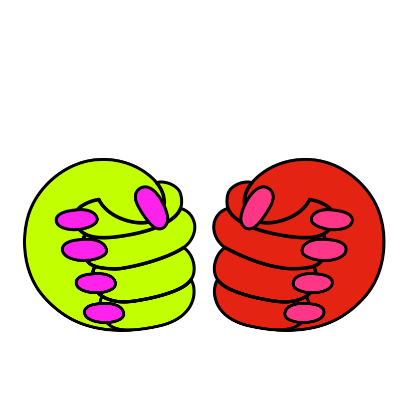 Colorful cartoon of two fists, one green and one red, with pink nails, facing each other.