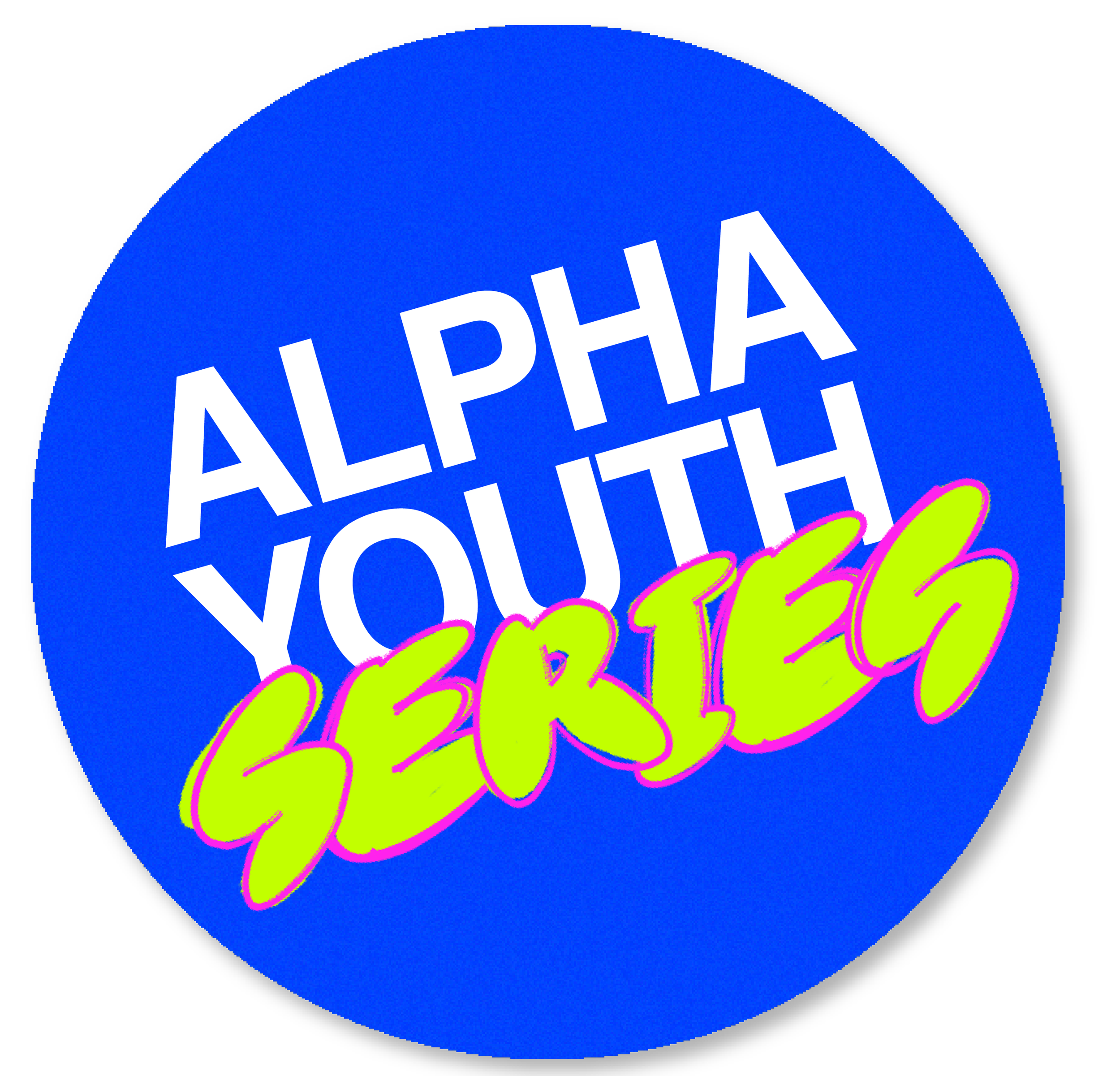 Blue circular badge with white text saying 'ALPHA YOUTH' and neon green text outlined in pink saying 'SERIES'.