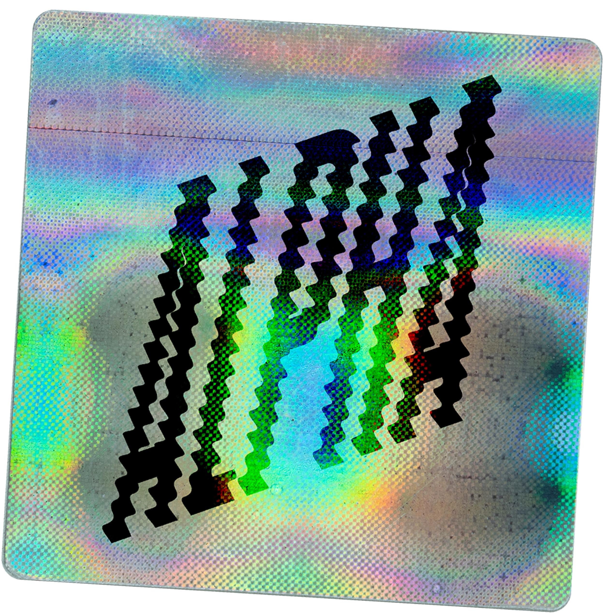 Holographic CD with rainbow colors and pixelation glitch effects.