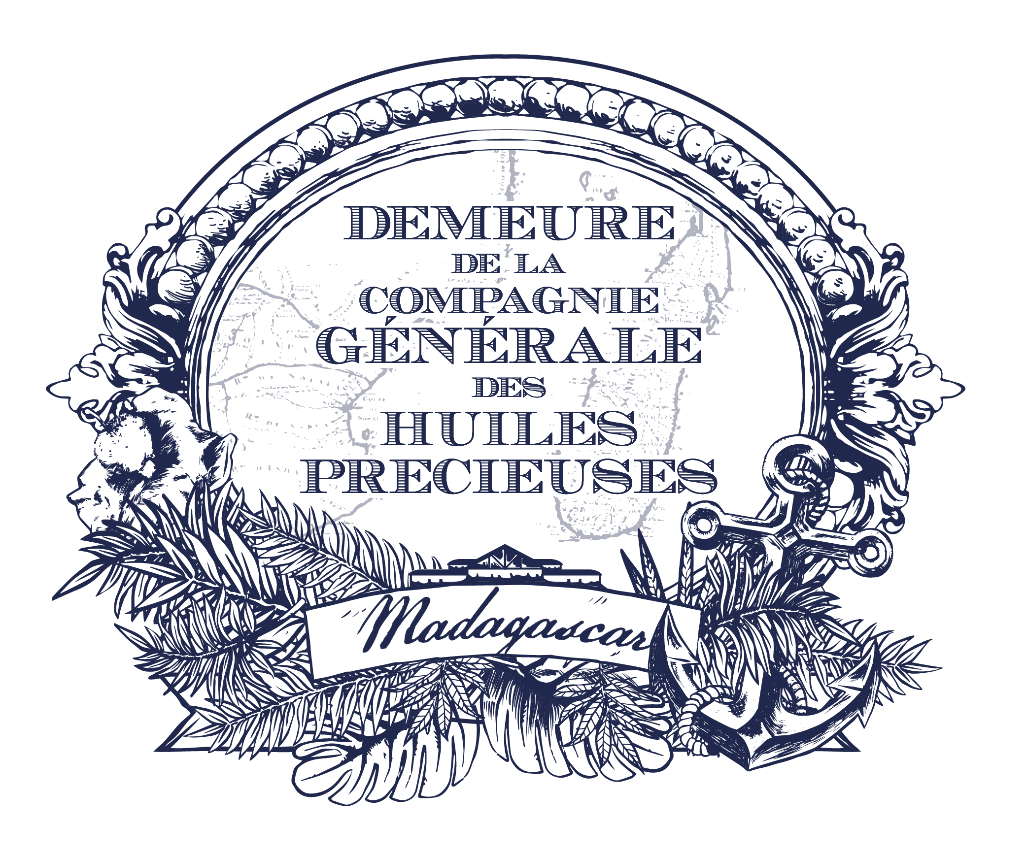 Logo de la société d'huiles précieuses de Madagascar, avec des éléments décoratifs et le texte en français