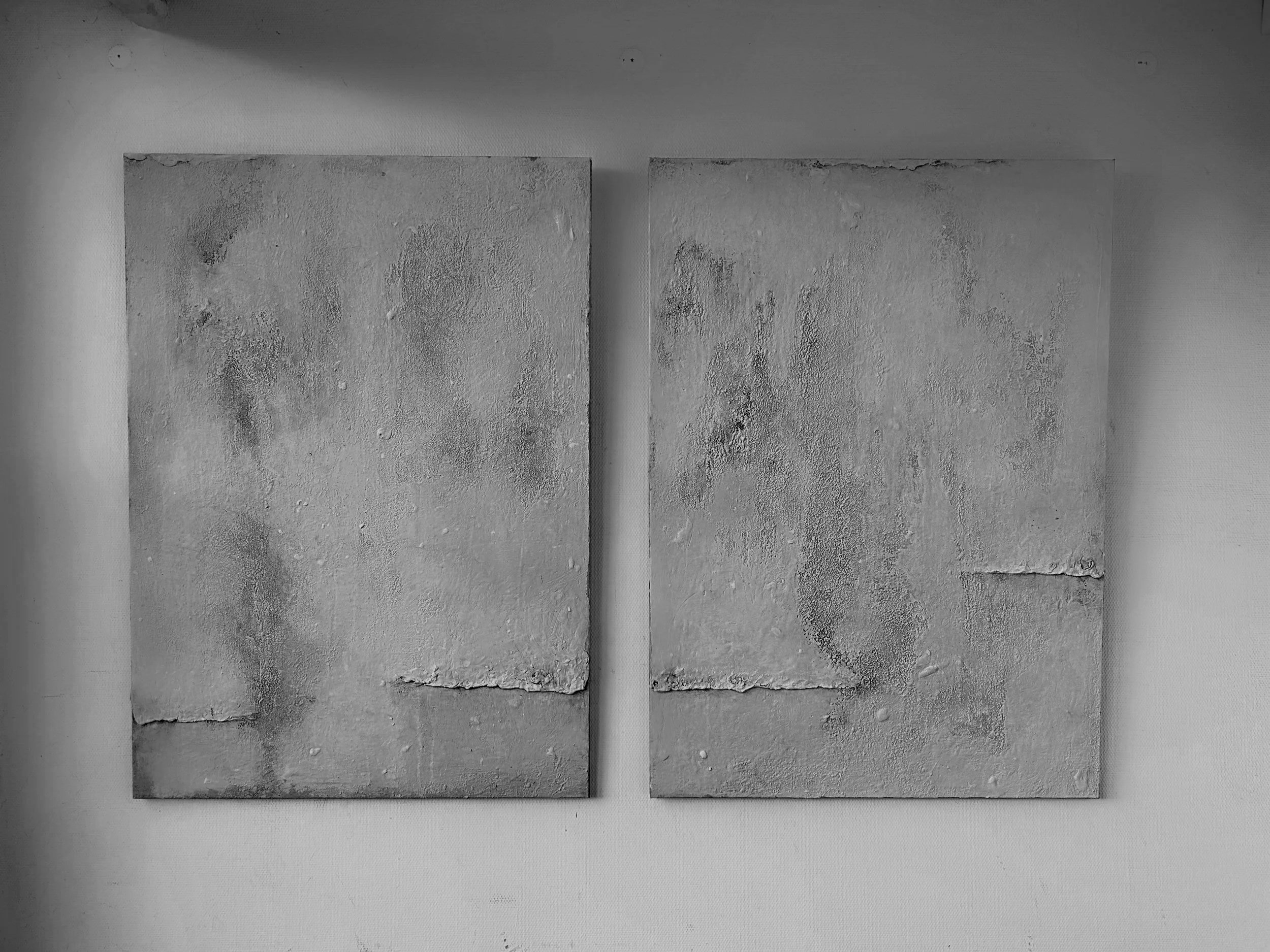 Zwei abstrakte Graustufen-Gemälde hängen an einer weißen Wand.