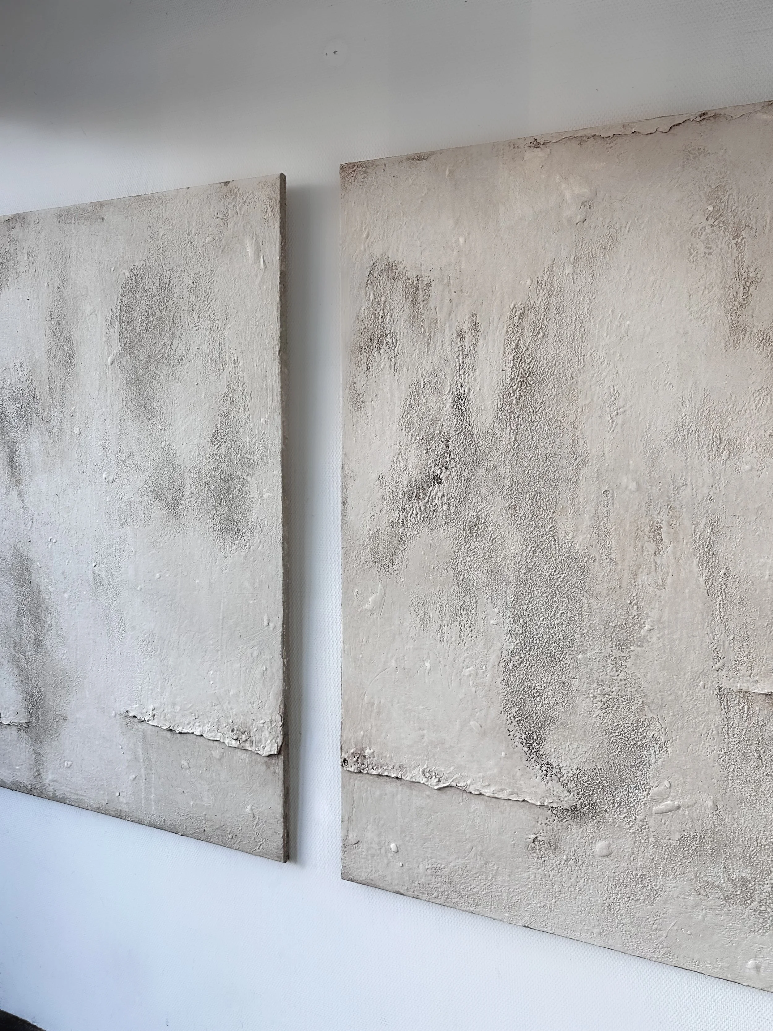 Zwei großflächige, helle Wandpaneele mit einer rauen, texturierten Oberfläche, die in einem Raum an einer weißen Wand angebracht sind.