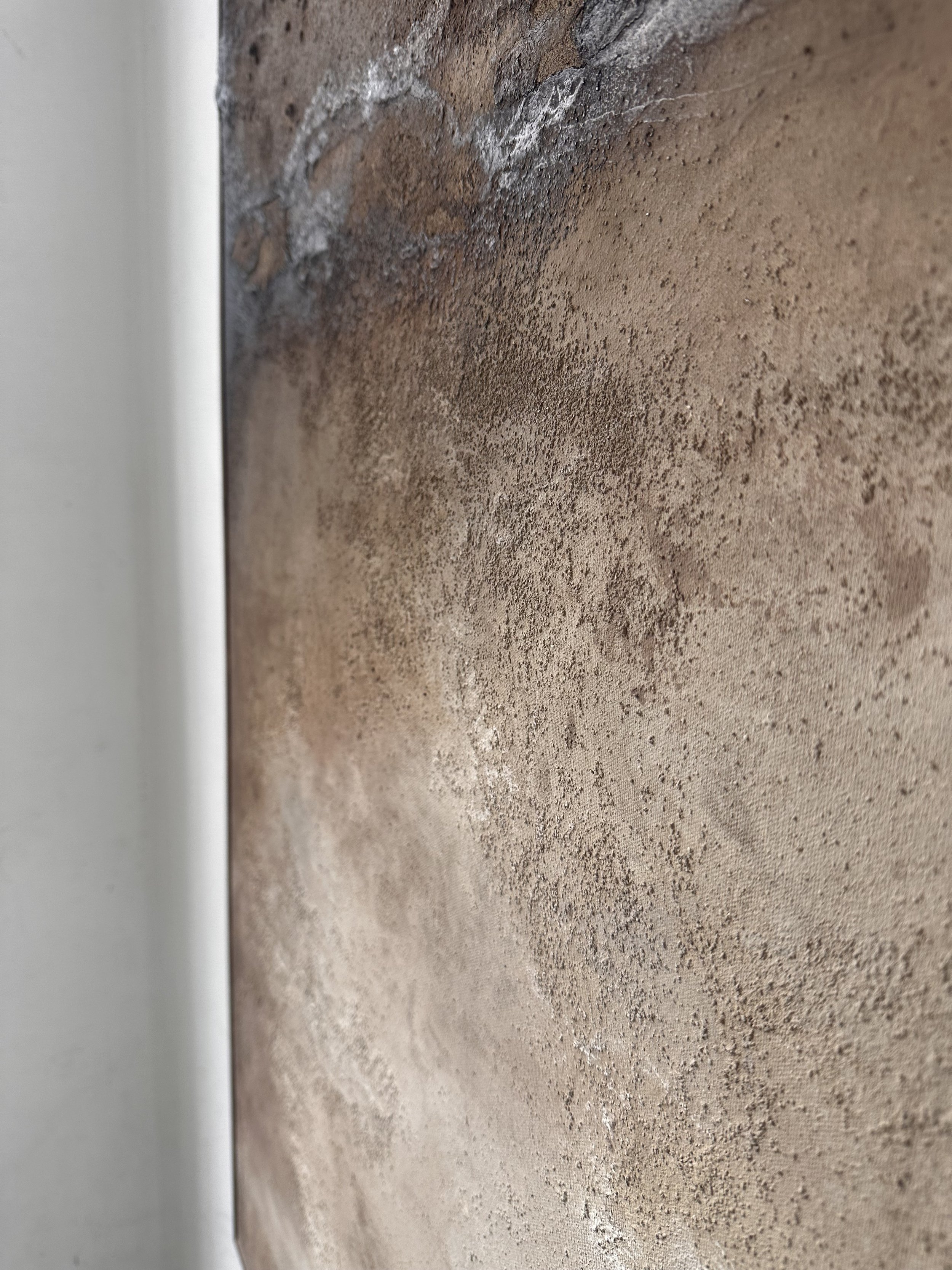 Nahaufnahme einer Wandoberfläche mit Putzstrukturen in Erdtönen.