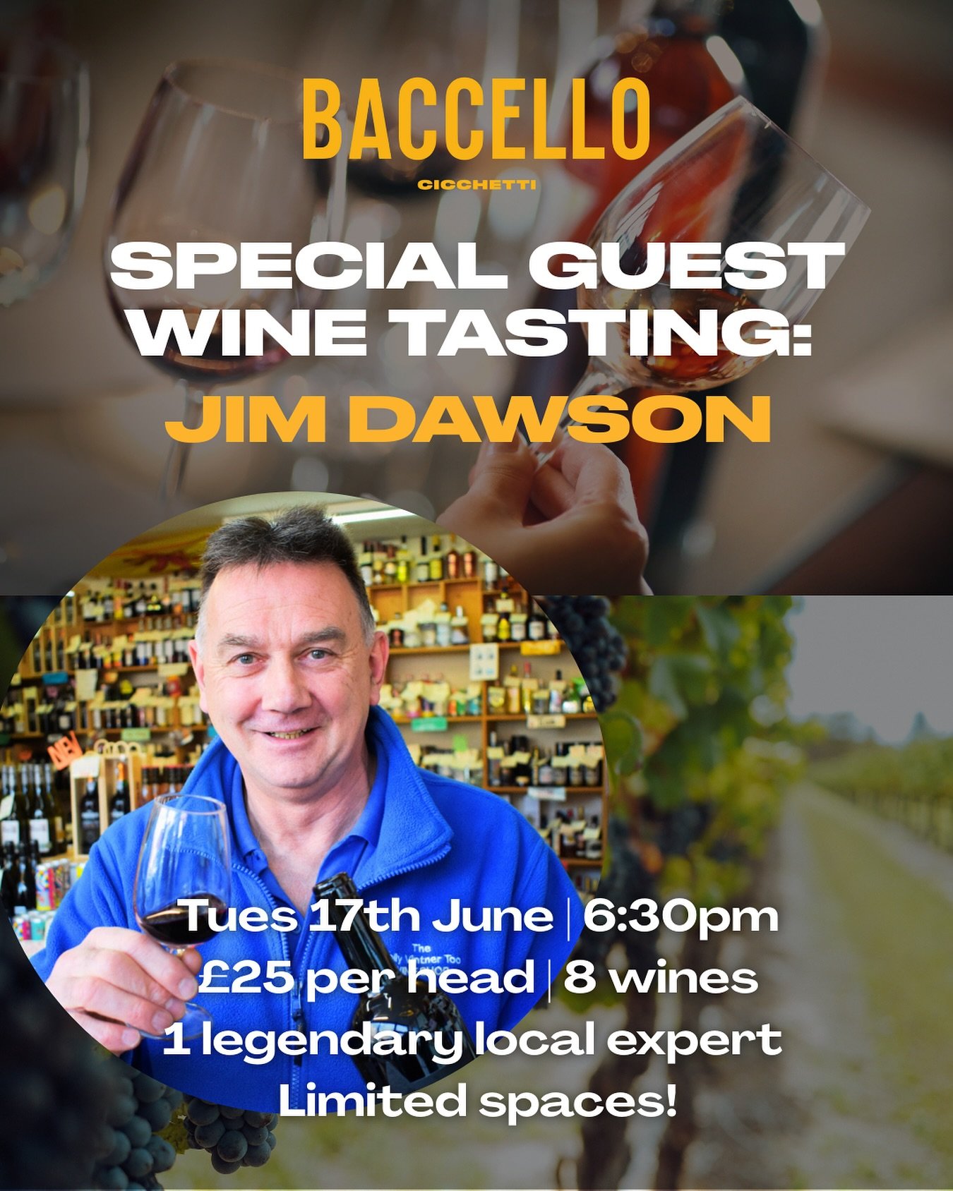 We&rsquo;re thrilled to welcome the one and only Jim Dawson to Baccello for a special evening of wine tasting, stories, and discovery.

With over 40 years in the wine trade, a Diploma in Wines and Spirits, and a reputation for sell-out tastings acros