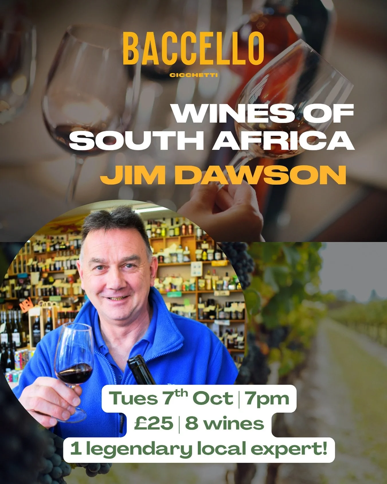 🍷 Next Tuesday at Baccello, we&rsquo;re heading to South Africa (via our glasses!) 🌍✨

Join us for a special evening with legendary local wine expert Jim Dawson, who will be guiding us through 8 incredible South African wines. 🇿🇦

📅 Tuesday 7th 