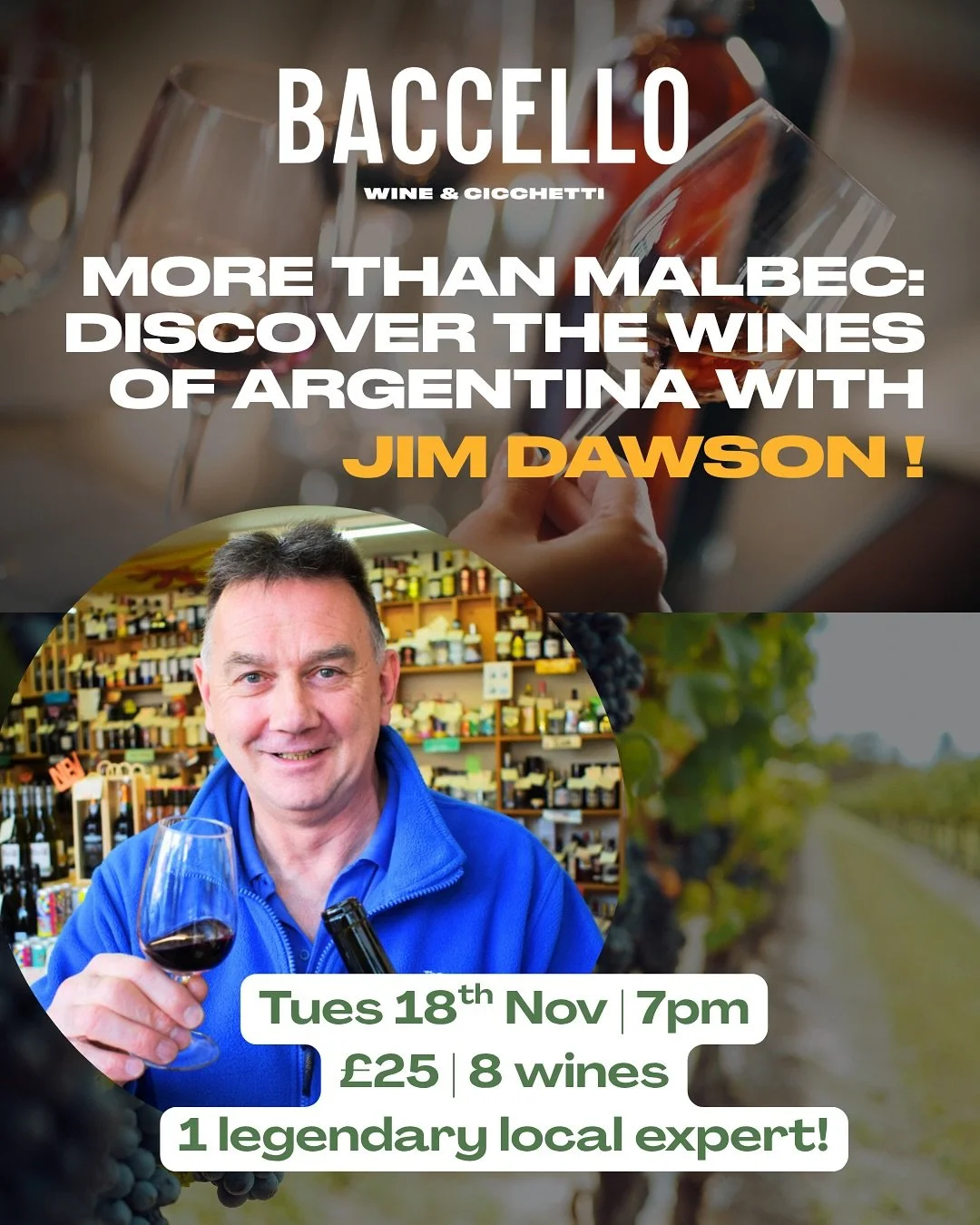 🍷 Explore the Wines of Argentina with Jim Dawson! 🇦🇷

Join us Tuesday 18th Nov at 7pm for an exclusive tasting featuring 8 incredible Argentine wines for just &pound;25.

✨ Special prices on all wines available to purchase on the night!
🍴 Plus, e