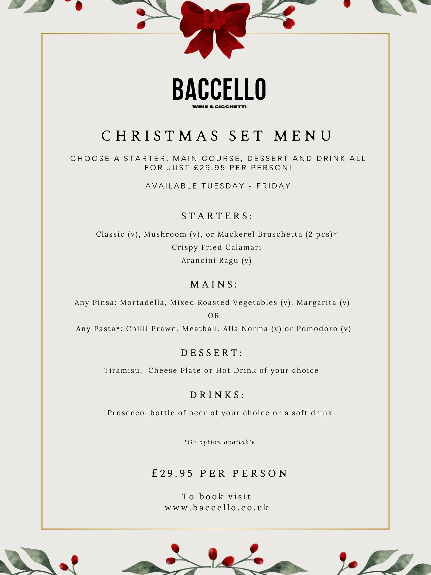 3 courses of your favourites + a drink &mdash; just &pound;29.95!

Bruschettas, pastas, pinsas and more &mdash; all in a full 3 course meal with your choice of beer, prosecco, or soft drink.

✨ Got a few festive get-togethers coming up? Make it easy 