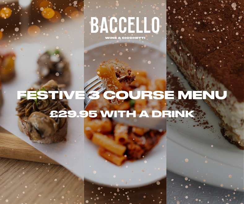 ✨ Make your festive catch-ups easy! ✨

3 courses of your favourite Baccello dishes &mdash; bruschettas, pastas, pinsas and more &mdash; plus a beer, prosecco, or soft drink for just &pound;29.95.

Perfect for relaxed get-togethers with friends, famil