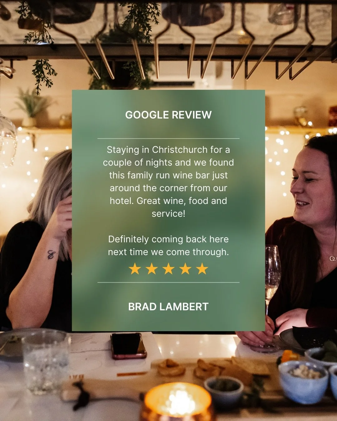 ⭐️ Google reviews like this mean the world to us.

Whether you&rsquo;re visiting Christchurch for a few nights or you&rsquo;re one of our lovely locals, we&rsquo;re so grateful you chose to spend your time with us.

Great wine, beautiful cicchetti, a