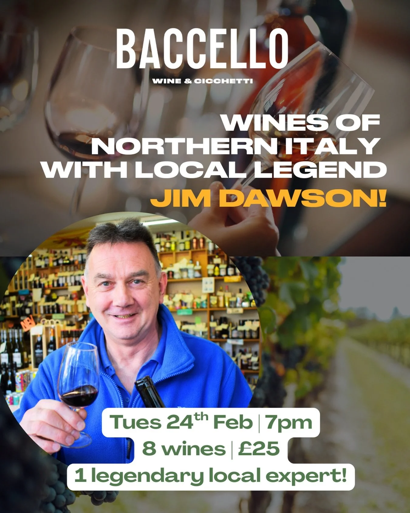 🍷 Wines of Northern Italy &mdash; with local legend Jim Dawson 🇮🇹✨

Join us at Baccello Wine &amp; Cicchetti for an unmissable evening of Northern Italian wines, guided by the one and only Jim Dawson &mdash; expect stories, knowledge, and seriousl