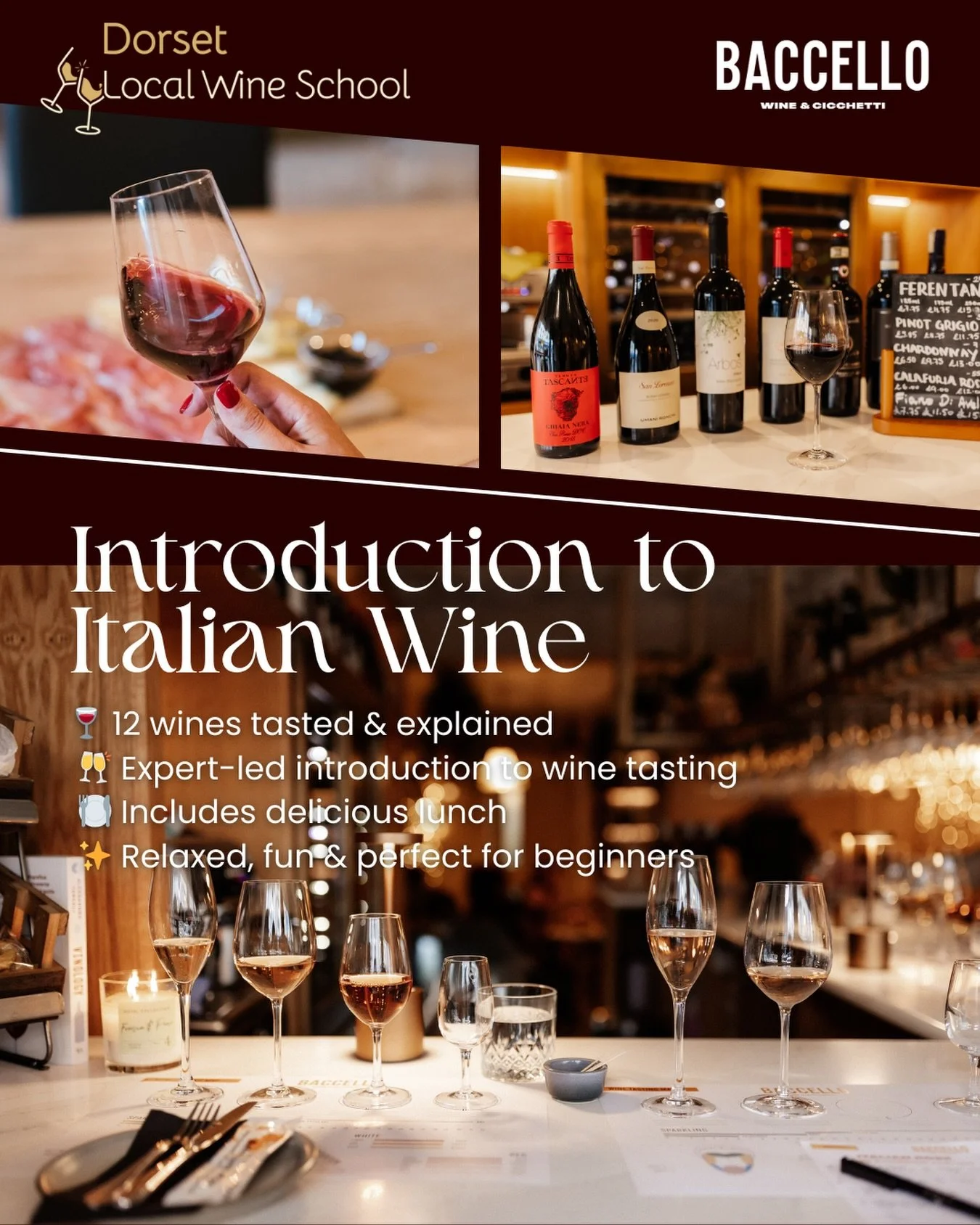🍷 Ready to feel more confident with Italian wine?

Join us at Baccello alongside Dorset Local Wine School for an expert-led Introduction to Italian Wine Experience &mdash; a relaxed and enjoyable day perfect for beginners and wine lovers alike.

🍇 