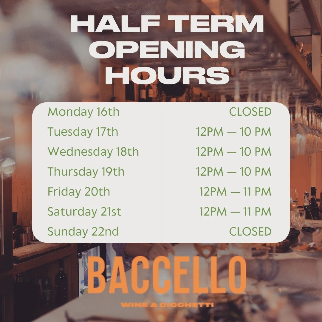 ✨ Half term opening hours update ✨

Here&rsquo;s when you can join us this week for wine, cicchetti and good times!

We can&rsquo;t wait to welcome you 🍷

See you at Baccello.

#BaccelloChristchurch #ChristchurchFoodie #DorsetFoodAndDrink #Christchu