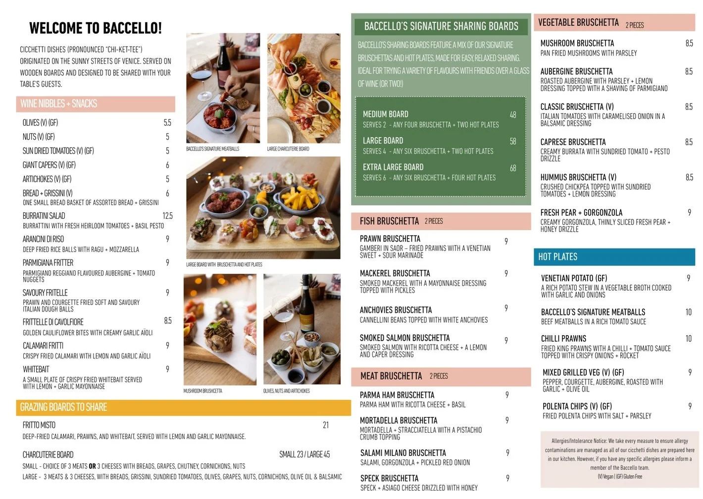 The heart of Baccello is our cicchetti menu.

Inspired by the wine bars of Venice, these small Italian plates are designed for sharing and grazing alongside great wine &mdash; from charcuterie and cheeses to simple, flavour-led dishes.

Here&rsquo;s 