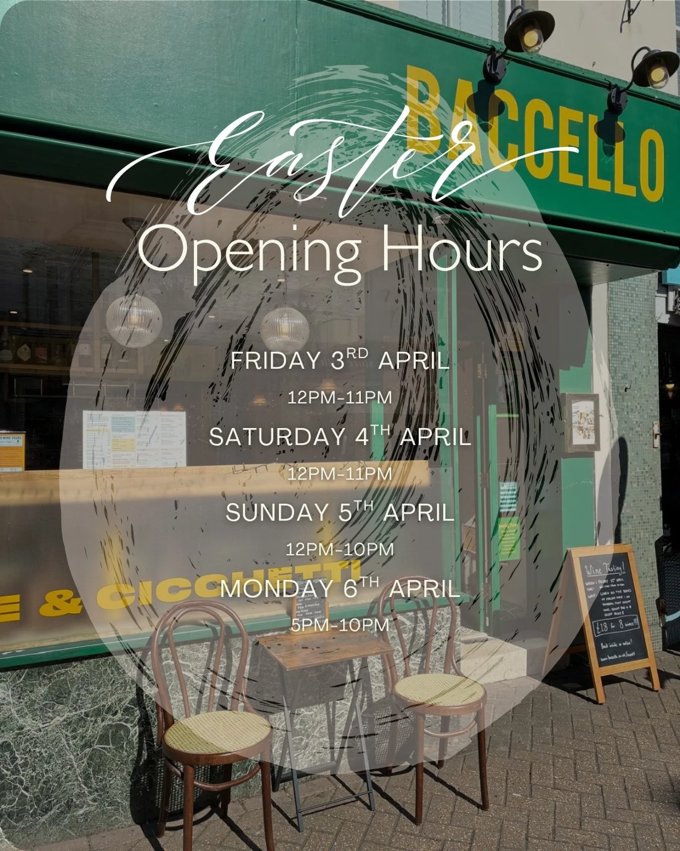 We&rsquo;re open longer this Easter weekend&mdash;perfect for lingering a little.
Enjoy relaxed cocktails, a glass or two of wine, and Baccello&rsquo;s authentic Italian cicchetti 🍷🫒